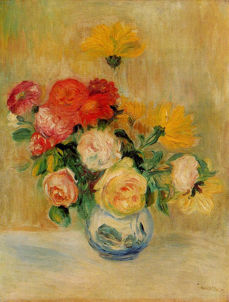 Vase of Roses and Dahlias - Pierre-Auguste Renoir painting on canvas